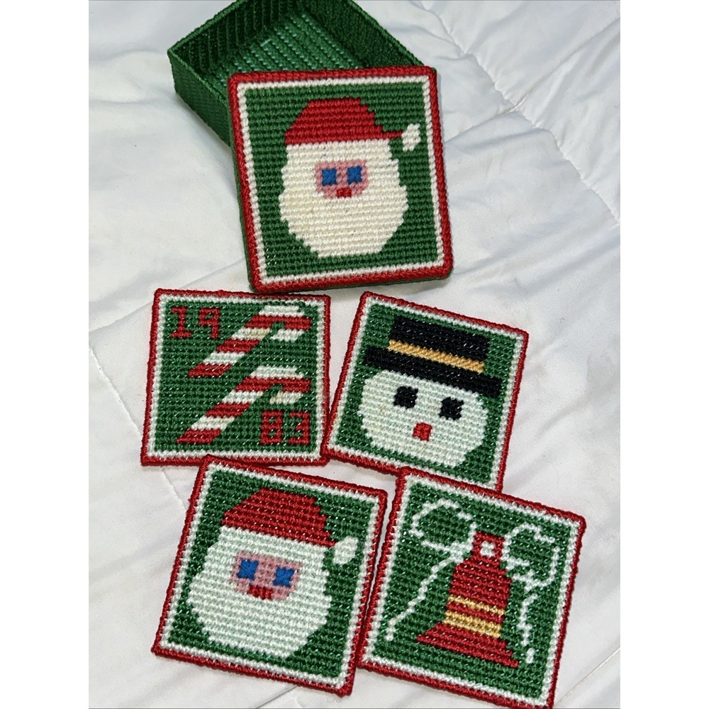 Set 4 Needlepoint Coasters Christmas Coasters  With Santa Holder